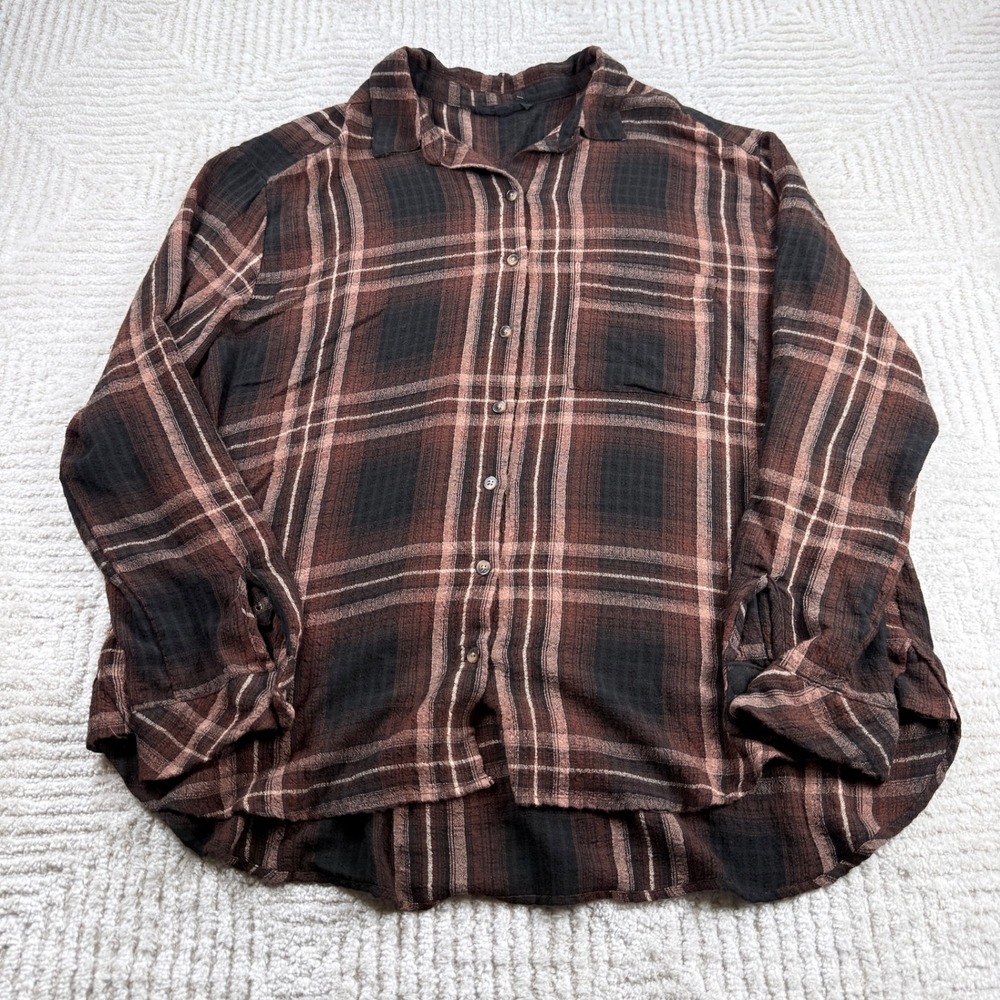 Jane Delancey Plaid Button Shirt Women's XL Brown Black Grunge Cabin Earthy Fall